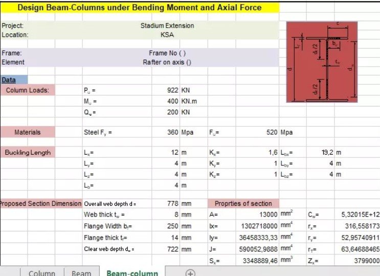 Design Beam- Columns Under Bending Moment and Axial Force Spreadsheet